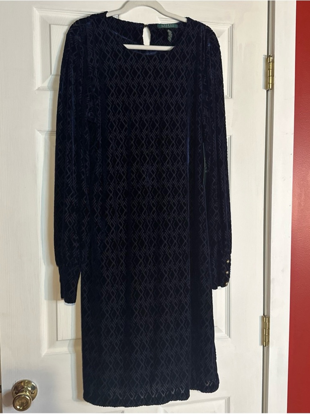 Lauren Ralph Lauren Navy Blue Velvet Long-Sleeve Shift Dress
